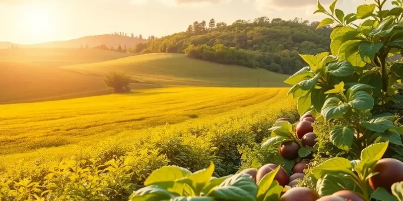 A sunlit orchard with vibrant fruits and vegetables, highlighting healthy eating.