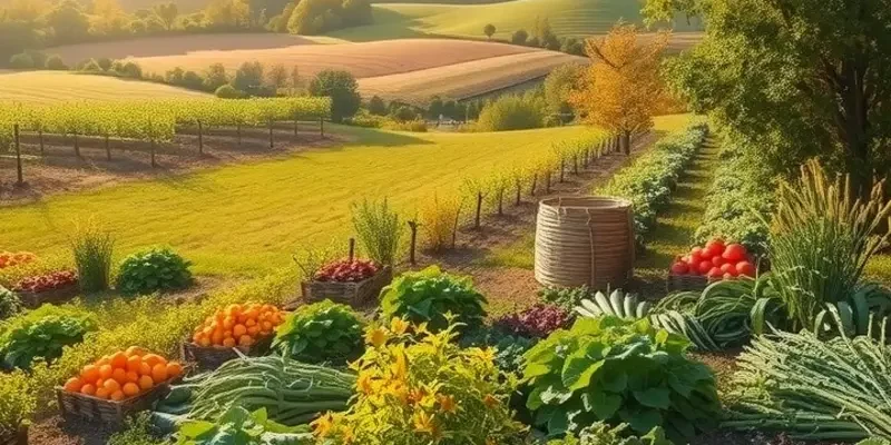 A vibrant landscape of a garden filled with fresh organic fruits and vegetables.