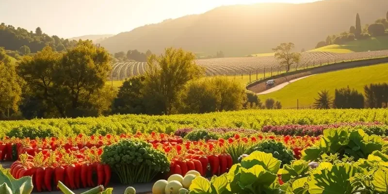 A beautiful landscape featuring healthy organic produce growing in a sunlit field.