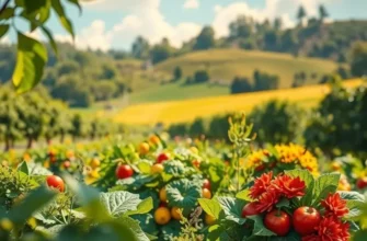 A vibrant, sunlit landscape of fruits and vegetables symbolizing abundance in ancient culinary traditions.