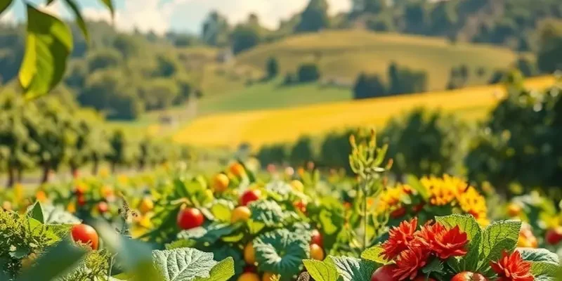 A vibrant, sunlit landscape of fruits and vegetables symbolizing abundance in ancient culinary traditions.