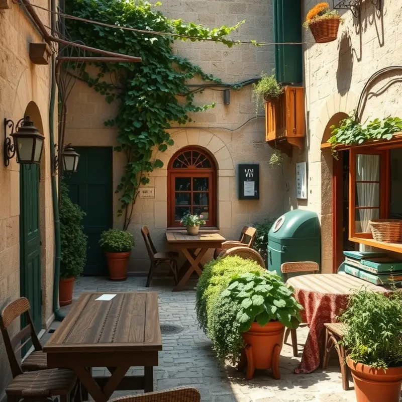 An inviting European tavern courtyard, rich in history and ambiance.