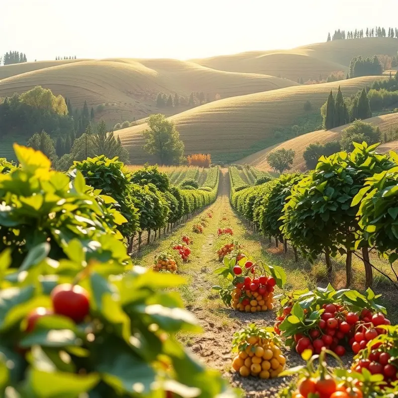 A sunlit field brimming with vibrant fruits and vegetables, embodying the essence of natural abundance.