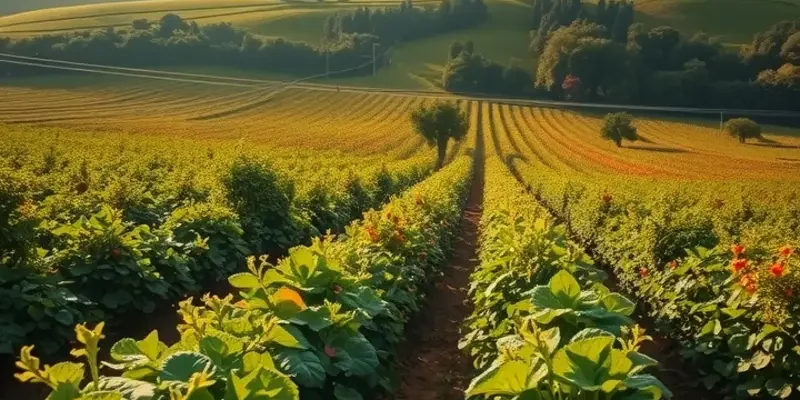 A picturesque landscape filled with fresh fruits and vegetables in a scenic field.