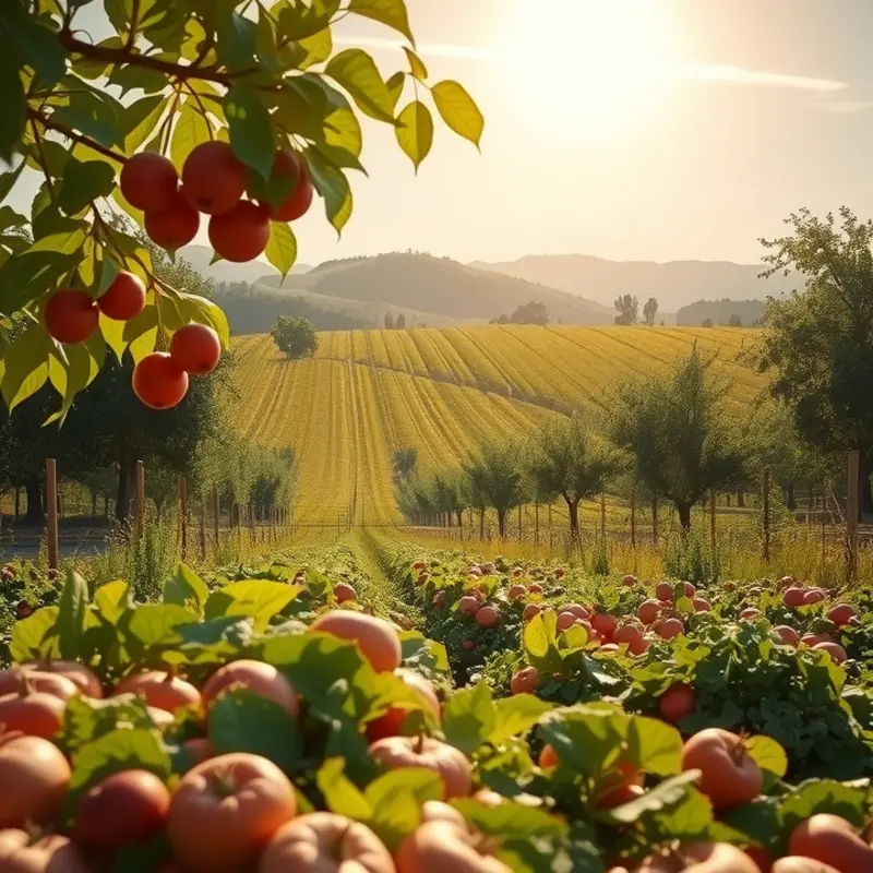 A sunlit orchard filled with vibrant, organic produce reflecting nature’s bounty.