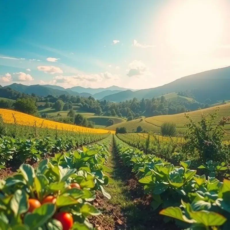 A sunlit organic orchard filled with vibrant fruits and vegetables.