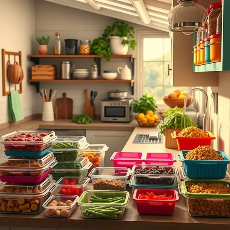A vibrant kitchen setting depicting batch cooking with colorful meal containers and fresh ingredients.