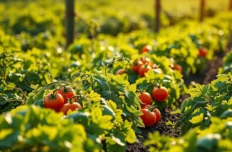 A beautiful landscape filled with fresh vegetables and fruits in a sunlit orchard.