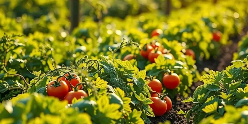 A beautiful landscape filled with fresh vegetables and fruits in a sunlit orchard.