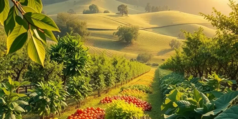 A vibrant landscape filled with a variety of organic fruits and vegetables under sunlight.
