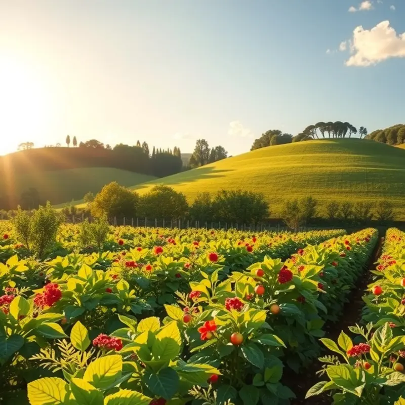 A serene landscape showcasing vibrant fruits and vegetables thriving in nature.