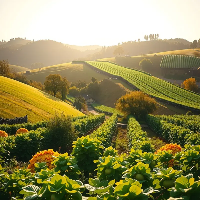 A sunlit field bursting with vibrant vegetables and fruits, reflecting the natural abundance of a harvest.