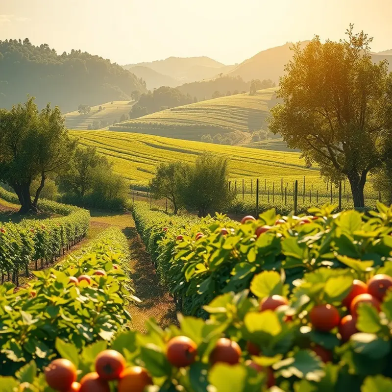 A serene sunlit field showcasing nature’s bountiful vegetables and fruits.