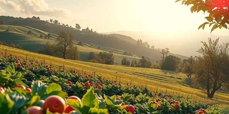 A serene view of an organic produce field under soft sunlight.
