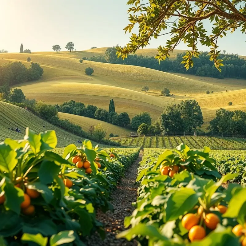 A sunlit field showcasing vibrant vegetables and fruits.