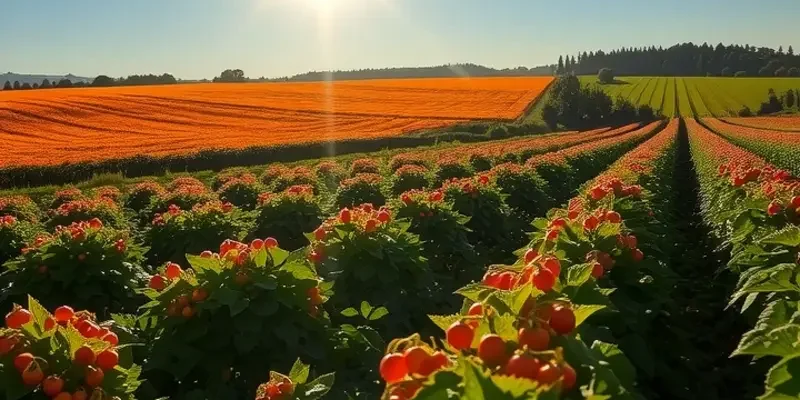 A sunlit field filled with ripe crops and lush greenery, symbolizing the abundance of ceremonial feasts.
