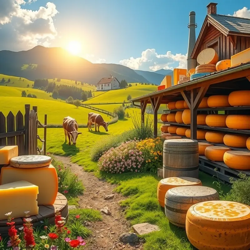 An idyllic cheese farm with aging cheeses and lush pastures.