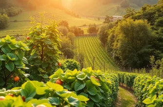 A picturesque view of an orchard filled with vibrant fruits and vegetables in a serene natural setting.