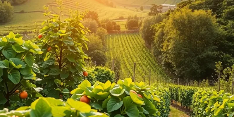 A picturesque view of an orchard filled with vibrant fruits and vegetables in a serene natural setting.