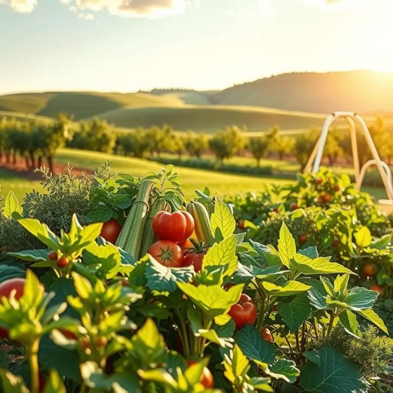 A sunlit field filled with vibrant vegetables and fruits.