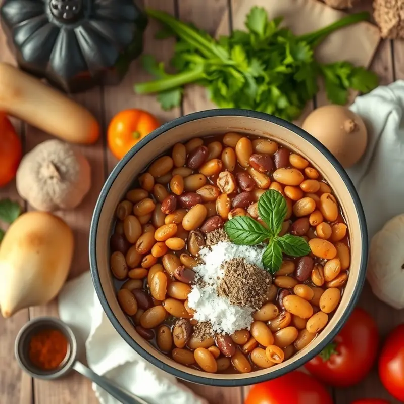 Beans soaking in water with herbs and spices.