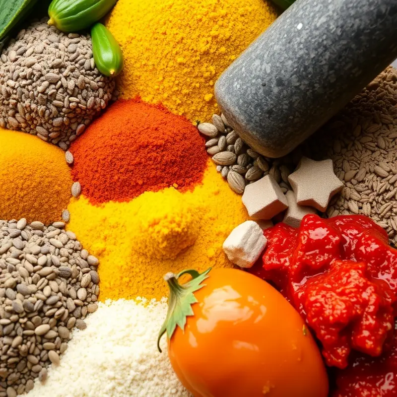 Natural stone mortar and pestle with fresh herbs and spices.