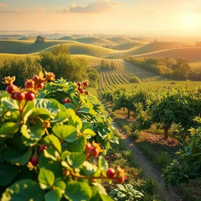 A vibrant, sunlit field filled with organic vegetables and fruits.