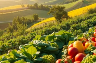 A sunlit orchard filled with organic oranges and lemons, surrounded by lush greenery.