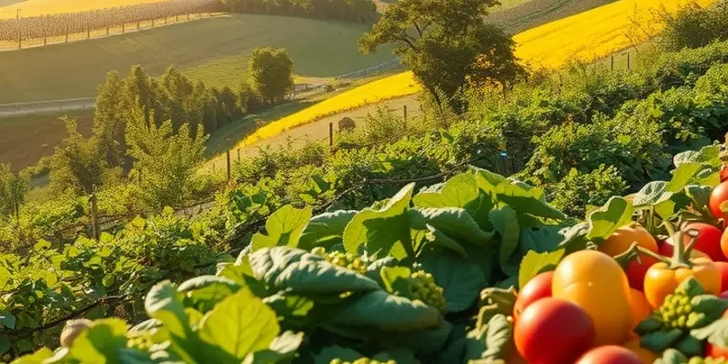 A sunlit orchard filled with organic oranges and lemons, surrounded by lush greenery.