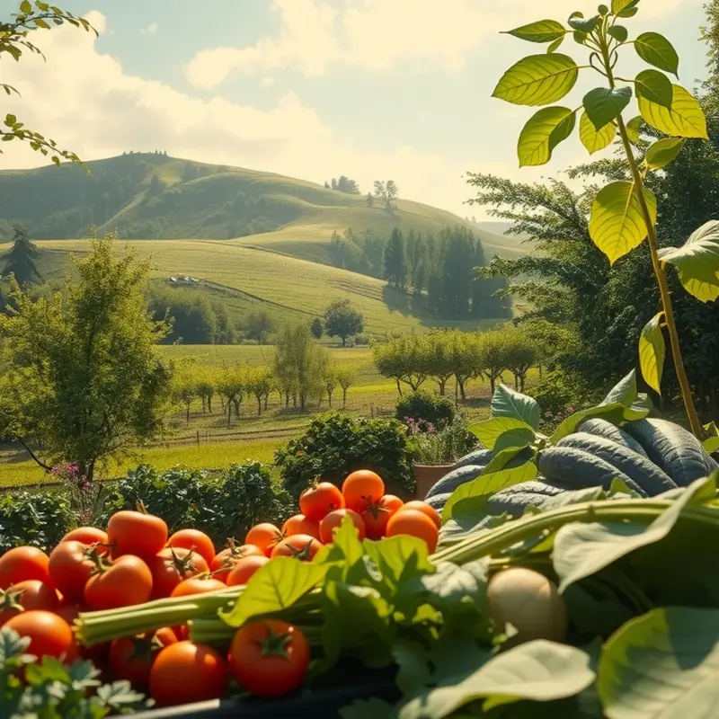A vibrant organic field showcasing an abundance of vegetables.