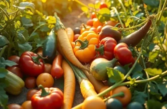 Sunlit field depicting a variety of organic vegetables and fruits signifying healthy nutrition.