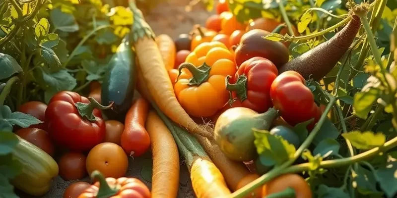 Sunlit field depicting a variety of organic vegetables and fruits signifying healthy nutrition.