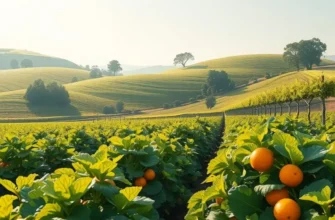 A picturesque view of a sunlit field with an abundance of vegetables and fruits.