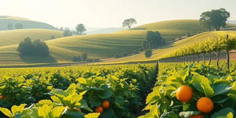 A picturesque view of a sunlit field with an abundance of vegetables and fruits.
