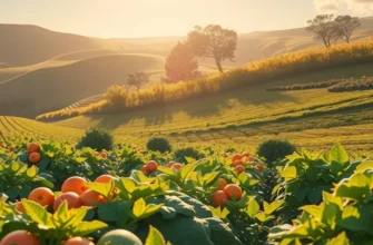 A sunlit landscape depicting vibrant vegetables growing naturally in a scenic field.