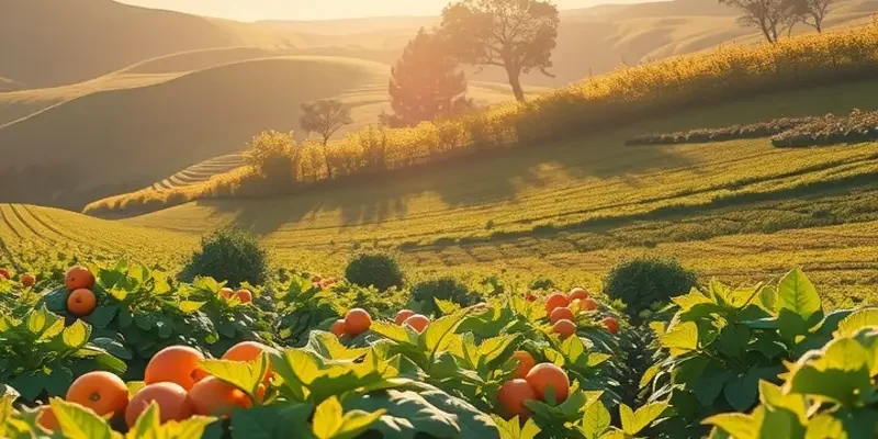 A sunlit landscape depicting vibrant vegetables growing naturally in a scenic field.