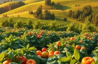 A lush sunlit field abundant with organic vegetables and fruits.