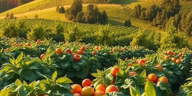 A lush sunlit field abundant with organic vegetables and fruits.