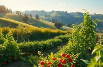 A serene landscape filled with organic fruits and vegetables under soft sunlight.