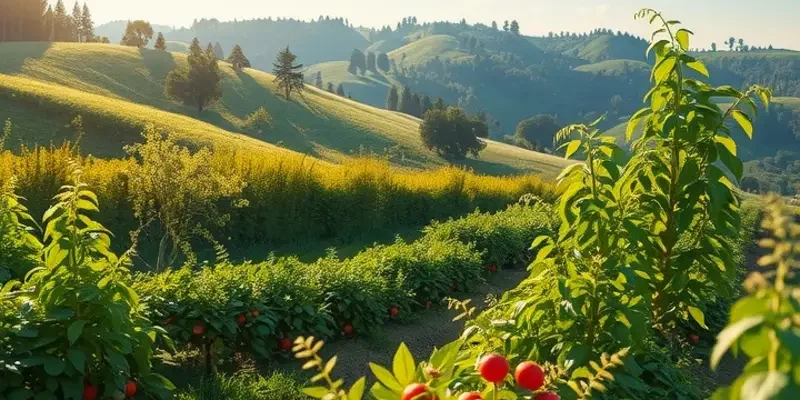 A serene landscape filled with organic fruits and vegetables under soft sunlight.
