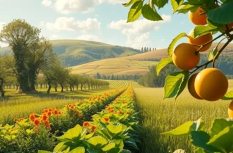 A beautiful natural landscape showcasing a field abundant with fruits and vegetables under warm sunlight.