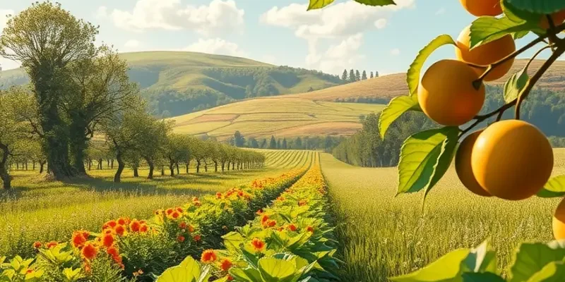 A beautiful natural landscape showcasing a field abundant with fruits and vegetables under warm sunlight.