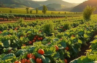 A picturesque sunlit landscape filled with organic fruits and vegetables, emphasizing a healthy lifestyle.