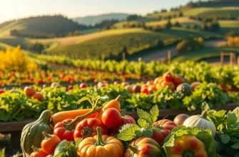 A scenic view of an organic landscape filled with fresh vegetables and fruits.