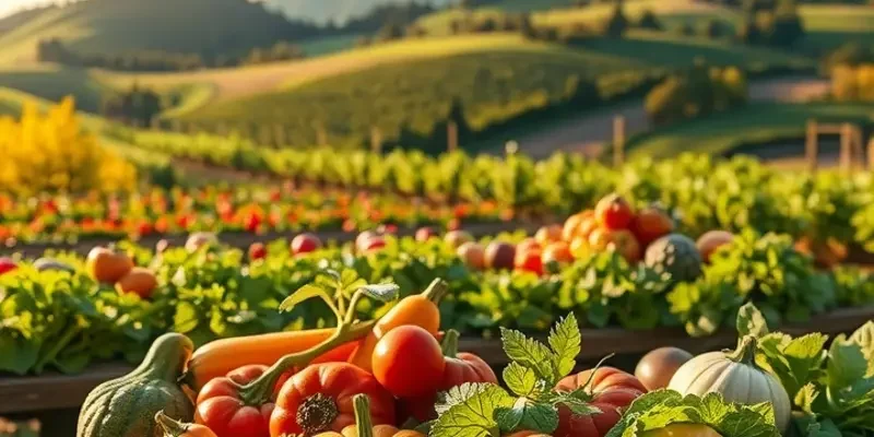 A scenic view of an organic landscape filled with fresh vegetables and fruits.