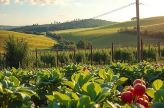 A beautiful landscape filled with vibrant fruits and vegetables under warm sunlight.
