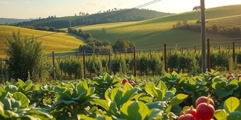 A beautiful landscape filled with vibrant fruits and vegetables under warm sunlight.