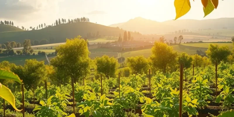 A serene landscape with vibrant fruits and vegetables in a sunlit setting, symbolizing the essence of healthy nutrition.