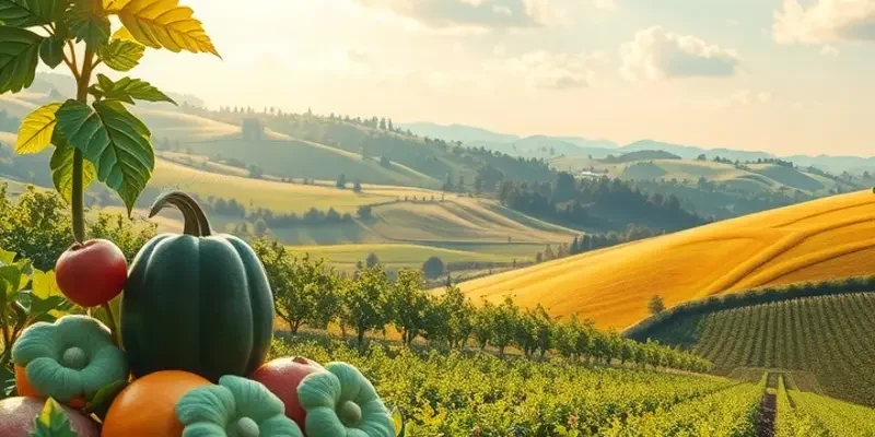 Beautiful sunlit field showcasing vibrant organic fruits and vegetables.