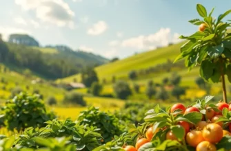 A peaceful landscape featuring colorful fruits and vegetables amidst lush greenery, symbolizing health and wellness.